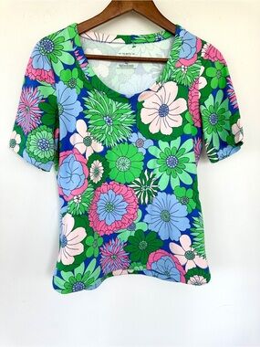 Talbots Bright Floral Scoop Neck Tee, Short Sleeves, Stretch Cotton, Petite